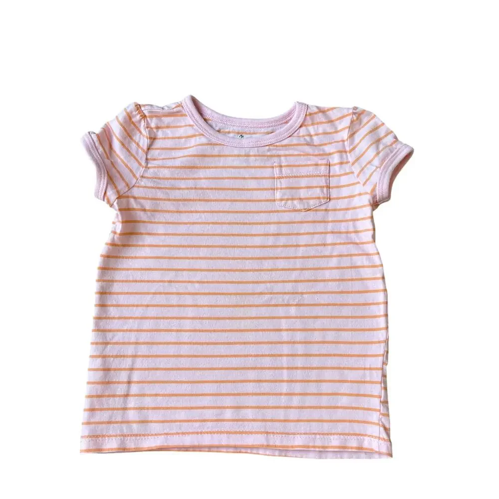 Girls 3T Old Navy Pink & Orange Stripe Pocket Short Sleeve Tee Shirt Top Twins